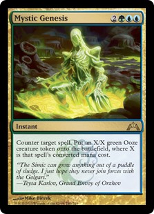 Mystic Genesis
 Counter target spell. Create an X/X green Ooze creature token, where X is that spell's mana value.